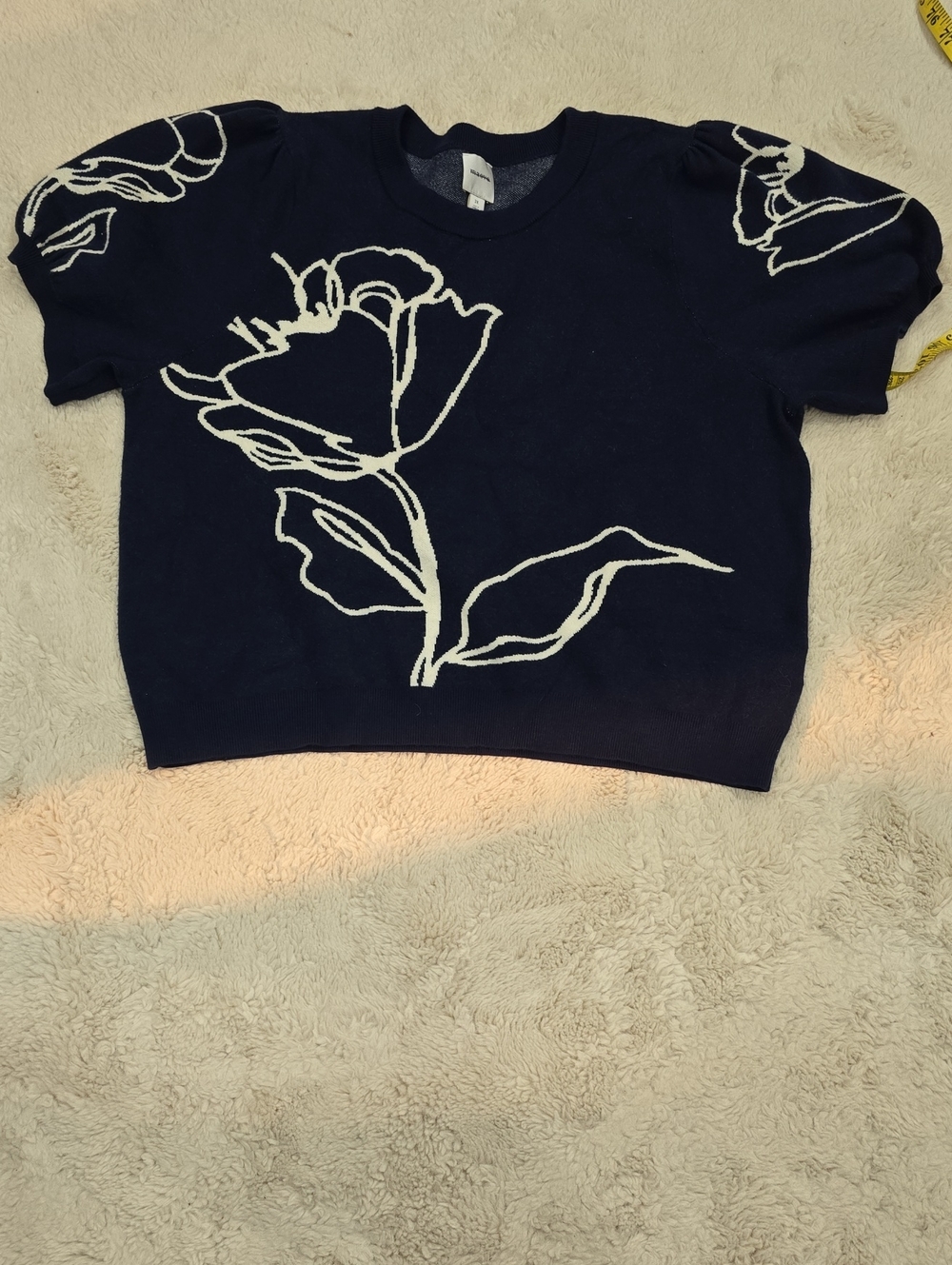 Maeve Navy Blue Floral Short-Sleeve Knit Top
